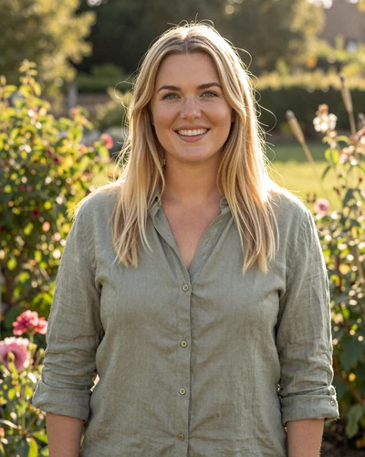 Olivia, 31, British woman from Bristol in sage green shirt in sunlit garden