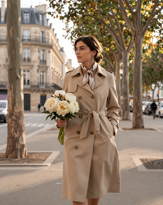 Elegant French woman walking on a Parisian boulevard with flowers, representing sophisticated French dating culture