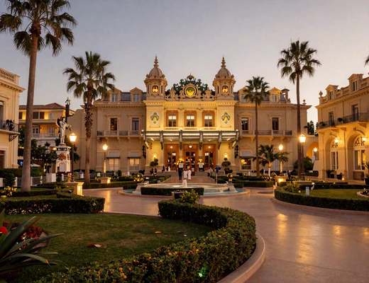 Monte Carlo casino square at twilight with elegant European architecture and warm lighting