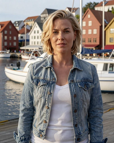 Helene, 34, Norwegian woman in denim jacket at Stavanger harbor at golden hour