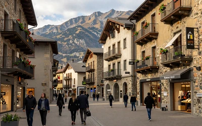 Andorra la Vella city center with shops and Pyrenees mountains in the background
