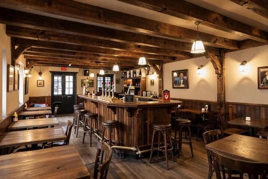 Charming traditional British pub interior with warm lighting and wooden beams