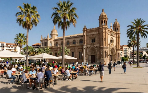 Barcelona Las Ramblas with palm trees and Gothic architecture
