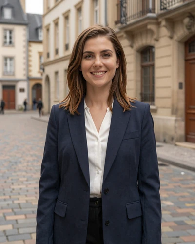 Lea, 29, Luxembourg City woman in navy blazer on cobblestone street