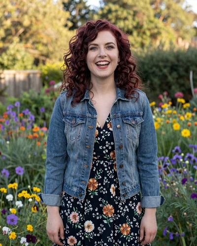 Roisin, 28, curly red-haired Irish woman laughing in a wildflower garden