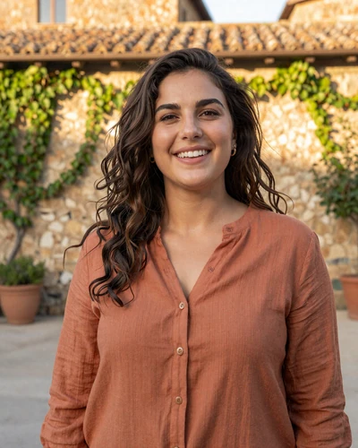 Giulia, a 31-year-old Italian woman smiling in a sunlit Tuscan courtyard
