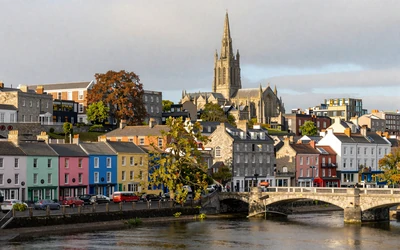 Cork city panorama with colorful hillside houses and River Lee