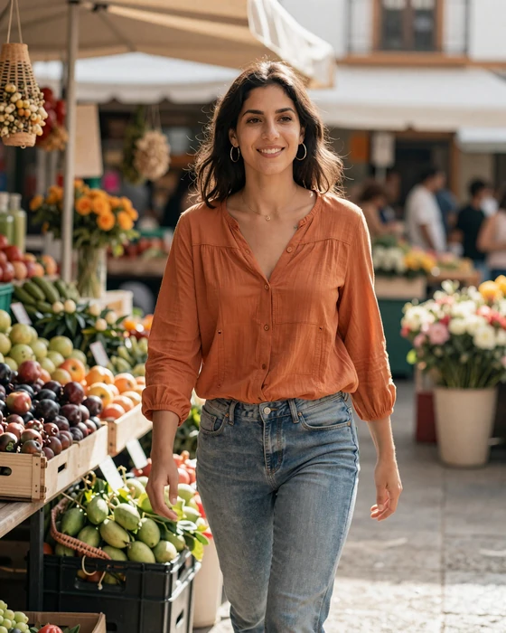 Spanish woman shopping at a sunny outdoor Mediterranean market