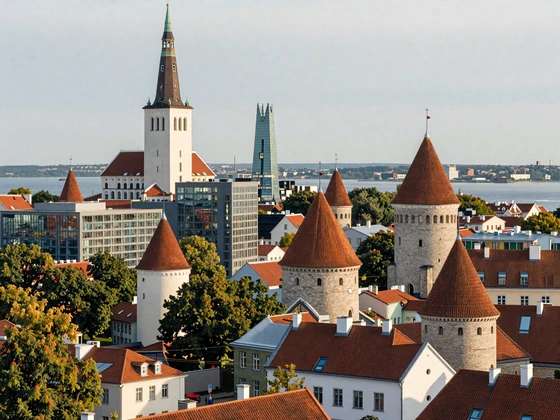 Tallinn cityscape blending modern glass architecture with medieval Old Town towers in warm afternoon light