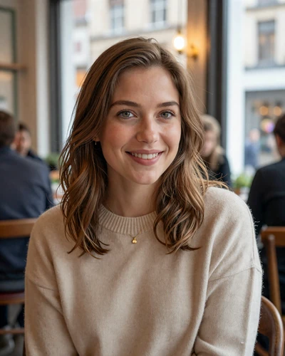 Amelie, 29, Belgian woman with chestnut hair smiling in a cozy Brussels cafe