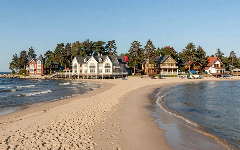 Jurmala Latvia beach resort with white sand and pine trees along the Baltic Sea coast