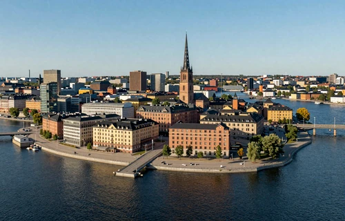 Aerial view of Stockholm skyline with waterfront islands and bridges on a summer day