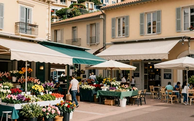 La Condamine market area in Monaco with colorful awnings and charming Mediterranean cafes