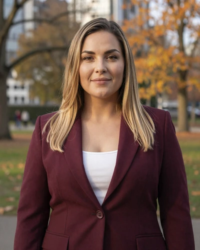 Maren, 34, a dark blonde German woman in a burgundy blazer at a Frankfurt park in autumn