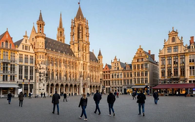 Antwerp Grote Markt with historic guild houses and cathedral in golden light