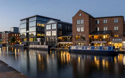 Birmingham canal district Brindleyplace with waterside restaurants at evening