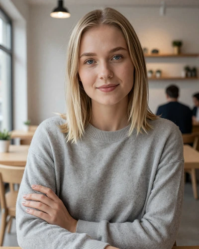 Liis, 27, Estonian woman with blonde hair and gray sweater at a Tallinn cafe