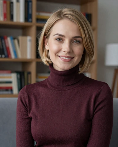 Anneli, 34, Estonian woman with dark blonde bob and burgundy sweater in cozy apartment setting