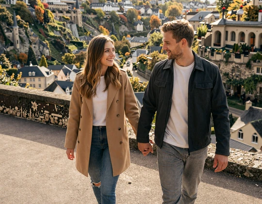 Couple walking along Chemin de la Corniche in Luxembourg City with Grund valley panorama