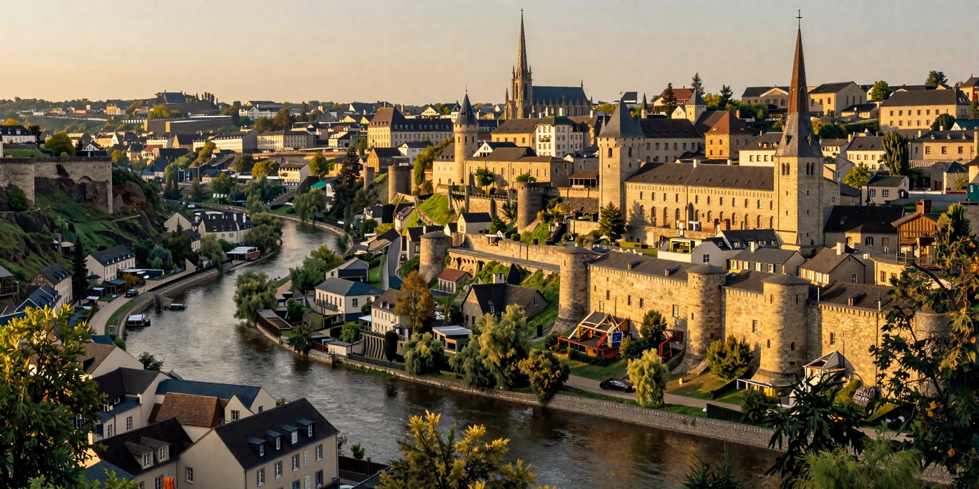 Luxembourg City Grund valley at golden hour with historic fortifications and European architecture
