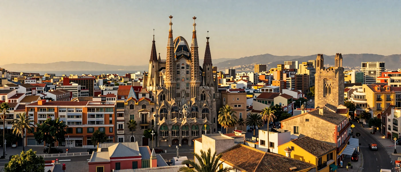 Barcelona skyline with Spanish architecture and Mediterranean coast at golden hour