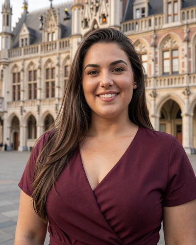 Sophie, 34, Belgian woman with dark hair smiling in front of historic Leuven university building