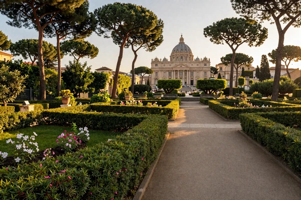 Vatican Gardens with manicured hedges and Renaissance architecture, a romantic setting near Vatican City