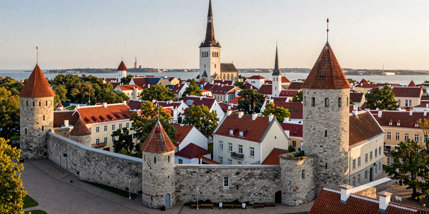 Tallinn Old Town panoramic view with medieval architecture and Baltic Sea coastline