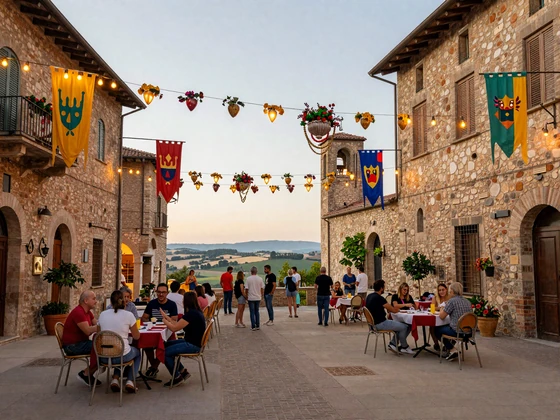 Traditional San Marino street festival in a medieval stone piazza with festive decorations and warm lighting